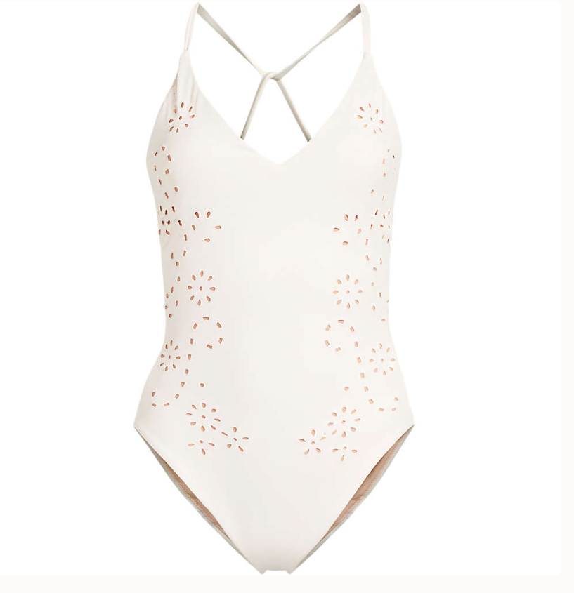 Women's Laser Cut Embroidered Plunge Tie Back Ultra High Leg One Piece Swimsuit